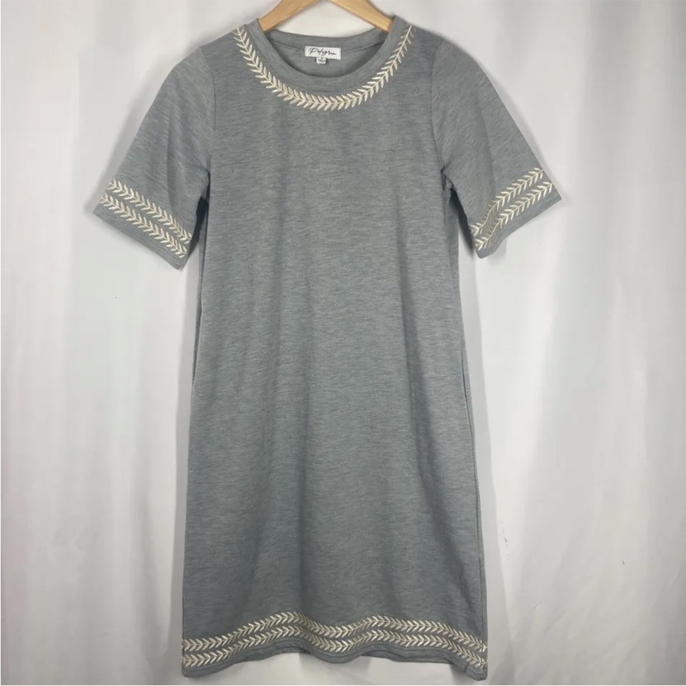 Polagram Embroidered T Shirt Short Sleeve Dress Knee Length Grey Size Small